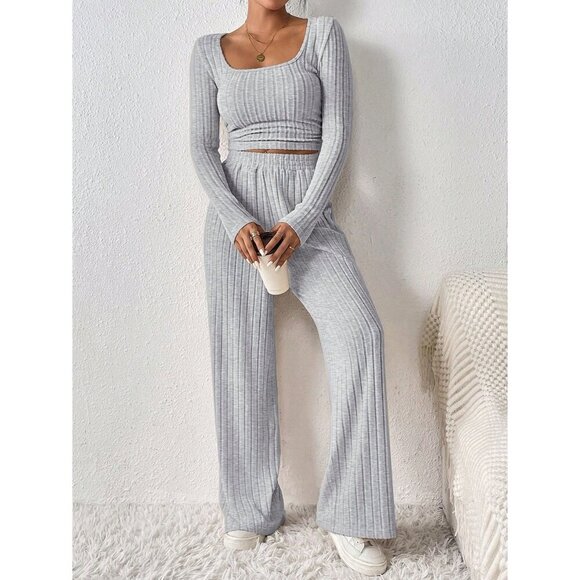 2 piece set: ribbed knit long sleeve tee & elastic waist pants lounge gray - Picture 1 of 9